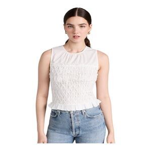 Ramy Brook XXS White All Cotton Smocked Tank Top Cropped Waist Ruffle Pullover